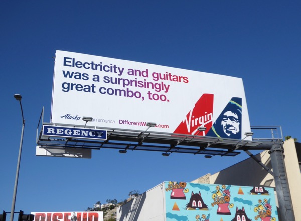 billboard advertisement for virgin airlines and Alaska Airlines collaboration